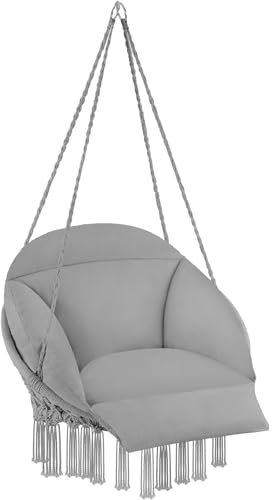 tectake® Columpio Jardín Exterior, Silla Colgante con Cojín Grueso Extraíble, Sillón Balancín con Robustas Cuerdas de Sujeción y 2 Anillas de Fijación, Hamaca Colgante para Interior y Exterior - Gris