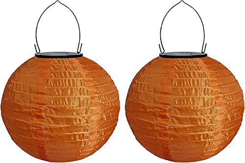Youning Lampions Außen Wetterfest Solar LED Laterne Wasserdicht Hängende Solar Lampion für Außen 30cm Solarlaterne Outdoor Deko Nylon Papier Laterne Runde Gartenlampions Außenlaternen (2PCS/Orange)