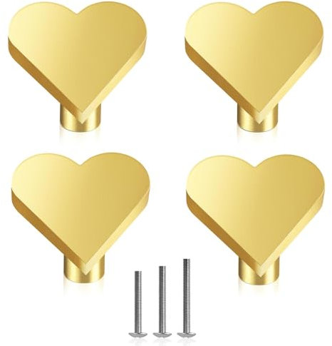 ShipeeKin 4X Laiton Massif Bouton Tiroir Brossé Or Poignées 30mm pour Cuisine Armoire Meubles Coffre Porte Commode Salle De Bain avec 3 Vis De Taille (Coeur)
