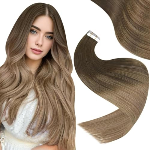 Easyouth Invisible Tape in Extensions Echthaar Balayage Darkest Brown Tape Extensions Echthaar Mittelbraun und Aschblond Tape in Echthaar Ombre #2/6/18 45 cm 40g 20pcs