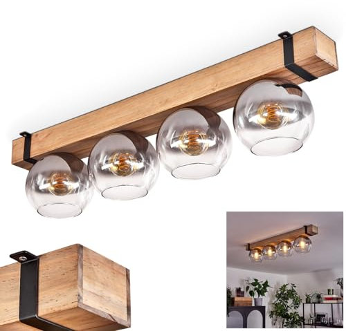 Deckenleuchte Montgomery, Deckenlampe aus Metall/Holz/Glas in Schwarz/Natur/Rauchfarben/Klar, skandinavisches Design mit Holzbalken (80 cm) u. Glaskugeln (Ø 15 cm), 4 x E27-Fassung, ohne Leuchtmittel