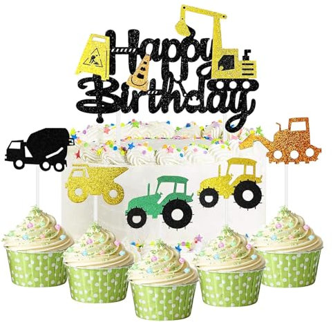 Silars Tortendeko Bagger Kuchendeko Geburtstag Baustelle, 6 Stücke Glitzer Cake Topper Baufahrzeug, Bau Tortenaufleger für Tischdekoration für Bau Thema Geburtstagsparty