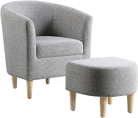 Sessel Wohnzimmer Cocktailsessel mit hocker Ohrensessel Armsessel Lehnsessel Polsterstuhl mit Holzbeine Relaxsessel mit Armlehnen Clubsessel, für Schlafzimmer & Büro (Grau, Sessel mit hocker)