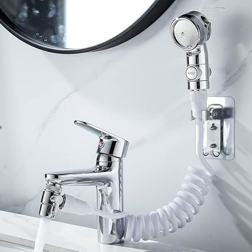 Douchette pour lavabo de salle de bain, pommeau de douche universelle, 3 modes de pulvérisation, tube télescopique, parfait pour laver les cheveux ou nettoyer l'évier et le bidet