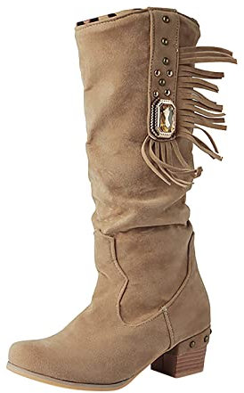 Stivali spessi Donna Colore tacco Moda Stivali Strass Solidi Stivali da donna con frange Scarpe estive da donna 37, cachi, 41 EU