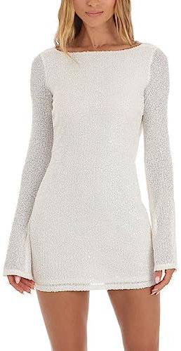 ttricche Pailletten Partykleid Frauen Langarm Rundhalsausschnitt Geraffte Bodycon Glitzer Kleid Sparkly Rückenfrei Tie-Up Mini Club Party Kleid, weiß, Small