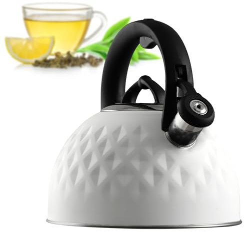 KADAX Bouilloire en acier inoxydable avec poignée, bouilloire rétro pour tous les types de feux, bouilloire à sifflet, bouilloire sifflante, bouilloire sifflante (blanche, 2,5 l)