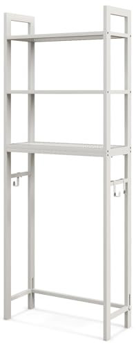 LIFEZEAL Scaffale Salvaspazio sopra Lavatrice in Metallo, Mensole Bagno per Asciugatrice, 63x26,5x170/178 cm, Porta da Terra per Detersivi con 3 Ripiani e Ganci Staccabili per Pantofole (bianco)