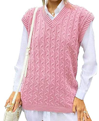 WeaAll Ladies Cable Knit Sleeveless Vest Women's Knitted Jumper Tank Top Winter Chunky Sweaters Baby Pink 16-18
