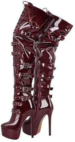 blingqueen Women's Platform Thigh High Boots with Zipper Stiletto Heel Over The Knee High Boots Lace Up Punk Motorcycle Boots Buckles Chains Rivets Ornamented Long Shaft Sock Boots Burgundy Size 5