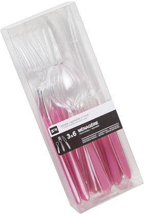 Nupik Set de Cubiertos de plastico: 6 Tenedores, 6 Cuchillos y 6 Cucharillas – 20 Sets Reutilizables y Reciclable- Transparente cristalino y Rosa, Resistentes, Ideales para Picnic, Viajes y Eventos