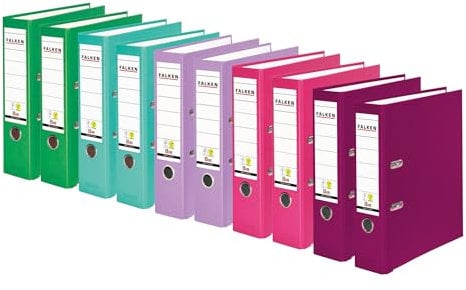 Original Falken 10er Pack PP-Color Kunststoff-Ordner. Made in Germany. 8 cm breit DIN A4 Vegan farbig sortiert zu je 2x türkis, flieder, brombeere, pink, hellgrün Aktenordner Briefordner