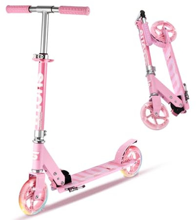 SUOTU Roller Kinder mit 145 mm Rollen, Scooter mit 2 LED Rädern für 3-12 Jahren, Zusammenklappbarer, Höhenverstellbarer, Cityroller for Boys and Girls (Rosa)