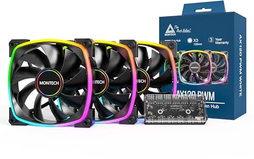 MONTECH AX 120MM - PWM Fan - Silent Performance - High Speed 1600PWM - High-End Durability with HDB Bearing - Stunning Outer Ring ARGB Lighting Design – 3 in 1 Pack with 6X6 Fan Hub (AX120-3in1-B)