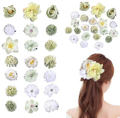 Blumen Haarspange,21 Stück Mehrfarbige Blumen Haarklammer,künstliche Blüte Haarclip,Blume Haarschmuck für Party, Strand, Hochzeit, Veranstaltungsdekoration(Grüne und Weiße Serie)