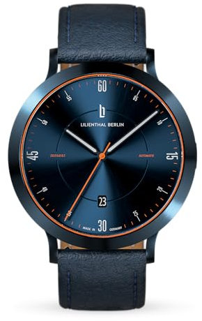 Lilienthal Berlin Zeitgeist Automatik Uhr Blue Orange – hochwertige Herrenuhr am dunkelblauen Lederarmband aus blauem Chirurgenstahl mit einem Automatikwerk & Saphirglas – 42,5 mm