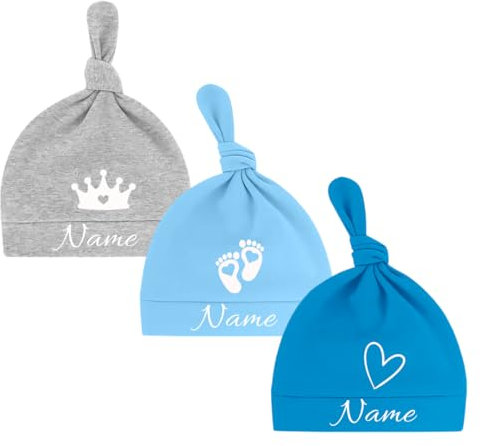 Ahoiikids Personalisierte Baby Mütze aus Baumwolle – Knoten Beanie mit Namen unf Motiv – Für Neugeborene (DE/NL/SE/PL, Alter, 0 Monate, 6 Monate, Baby, 3 Set Grau, Hellblau und Blau)