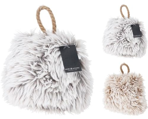 Plush Cube Doorstop | Luxurious Faux Fur Weighted Door Stopper for Floor | Decorative Fluffy Fabric Door Stop with Jute Handle - 15cm ~ Colour Varies One Supplied