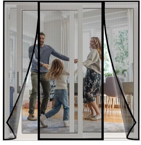 Moustiquaire Baie Vitree Coulissante 270x270cm Noir Rideaux Anti Mouches pour Porte Magnétique Moustique Toile Insect Ecran