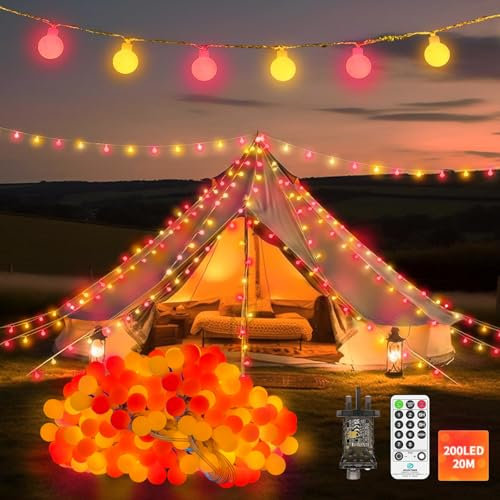23 M 200 LED Fairy Lights Plug in Outdoor Globe String Lights Waterproof with Remote Timer Memory 8 Modes Christmas Lights for Bedroom Patio Garden Tree Party Holiday Indoor Decorations Red Warm