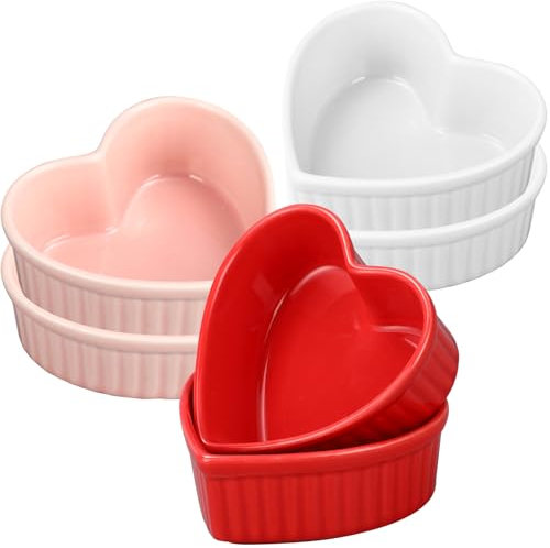 6 Pcs Heart Shaped Ramekins Ceramic Ramekins 6 Oz Oven Safe Creme Brulee Dishes Small Baking Ramekins Bowls for Kitchen Party Snack Serving Dip Sauce Condiments (Red, Pink, White)