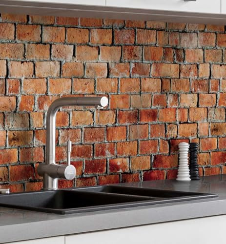 MyMaxxi Küchenrückwand selbstklebend – Matte, versteifte Spritzschutz Folie - Alternative zu Glas, einfache Montage & leichte Reinigung – 60 cm hoch Motiv: Backsteine rot B 60 cm x H 60 cm