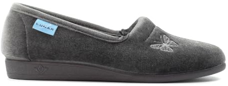 Lunar Ladies' Butterfly Grey Slippers Cozy Soft Textile Upper Cushioned Insole Non Slip Rubber Sole Machine Washable House Shoes Grey