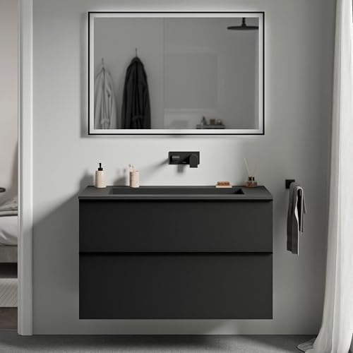 BERNSTEIN - Waschtisch zum Aufhängen, für Badezimmer, MDF, Schwarz, matt, Mineralguss, Schwarz, matt, ohne Hahnloch, Metallgriff, Anthrazit, matt, 100 x 46 x 62 cm – LAVOA
