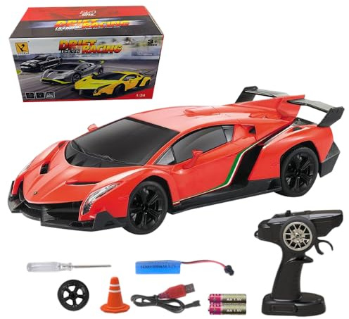 Hojalis Lamborghini RC Drift Car, 1:24 Remote Control Car with LED Lights for Kids Adults, 4WD High Speed RC Cars with Extra Drifting Tires, 35KM/H Racing with Speed Adjustment for Drift and Race