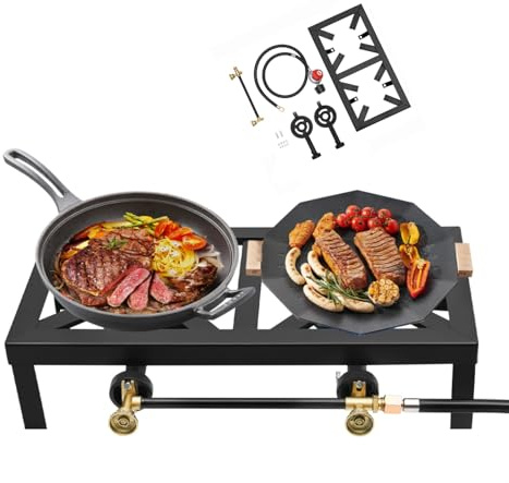 ROGONPDK 8000W Portable Camping Gas Cooker 2 Burner | Double Propane Gases Burner Stove for Outdoor BBQ | Free-standing Commercial Gas Cooker Stove with Regulator Hose