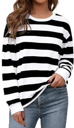 Aottori Sweatshirt Damen Gestreift Oversize Pullover Rundhals Locker | Langarmshirt Farbblock, Oberteile Elegant, Top Langarm, Pulli Ohne Kapuze, Baumwolle, Casual, Herbst, für Alltag Freizeit