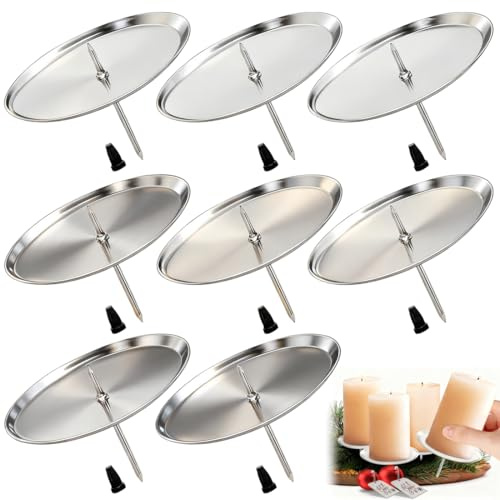 8 Stück Kerzenhalter Adventskranz, Ø 6 cm kerzenhalter stumpenkerzen, Adventskerzenhalter Metall Kerzenleuchter mit Dorn für 100% sicheren Halt, ideal für DIY Gestecke & Weihnachtsdeko (Silber)