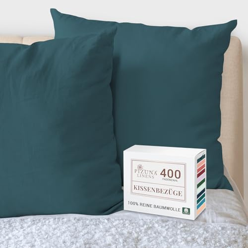 Pizuna 2er Pack Kissenbezug 65 x 65 cm Baumwolle Pfauenblau 400 Fadenzahl | Luxuriöser Soft-Satin 2er Pack Kissenbezüge, 100% Langstapel Baumwolle Nur Kissenbezug (Pfauenblau,65x65 cm) Mako Satin