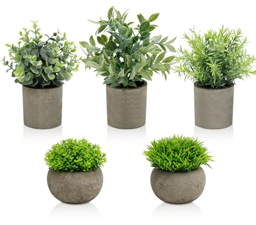 AUUGUU Artificial Potted Plants Faux Greenery in Cement Pots for Shelf, Bookshelf, Office or Home Decor, Small Decorative Fake Plants for Modern Indoor Display
