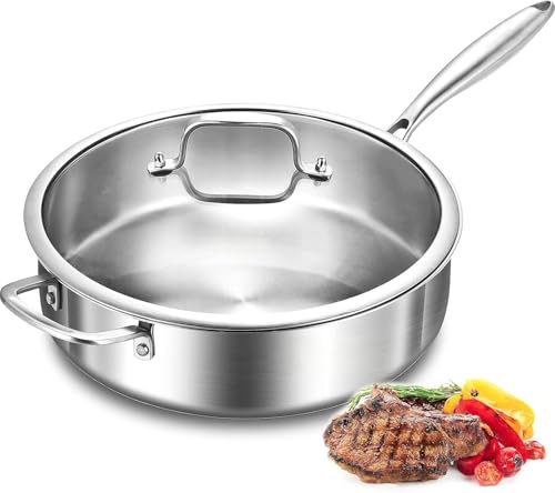 DELARLOCHEF Smörpfanna 30 cm, hög kant, höjd 9,8 cm, 6,5L, 3-skikts rostfritt stål stekpanna med lock, utan PTFE och PFOA, kompatibel med alla spistyper