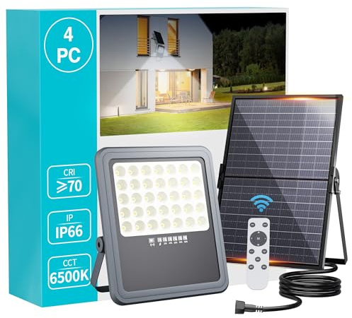 HOOLED Lampada solare per esterni a LED, 6500 K, IP65, impermeabile, proiettore LED per esterni, illuminazione solare 3 modalità, per giardino, garage, cortile, bianco freddo (4 pezzi)
