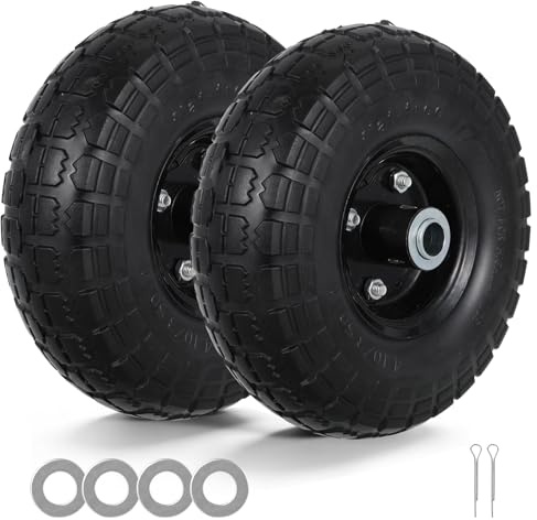 2 Pack Wheelbarrow Wheel Tyres 10 Inch Puncture Proof Solid Tyres with Accessories 4.10/3.50-4 Heavy Duty Tire Wheelbarrow Wheel Replacement Tire for Garden Trolley Truck Trailer, Black