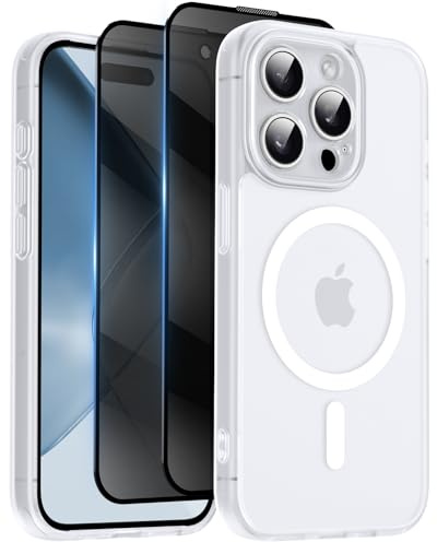 Helssitot Coque pour iPhone 15 Pro Max avec Verre Trempé Anti-Espion | Blanc givré, Magnétique Compatible avec Mag Safe Militaire Étui Housse Antichoc Bumper Militaire