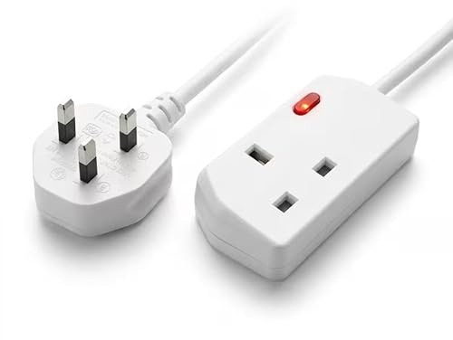 1 Gang Extension Lead 2m with UK Plug, Single Socket 13A Power Extension Cable, Type G, 250V for Home & Office Use