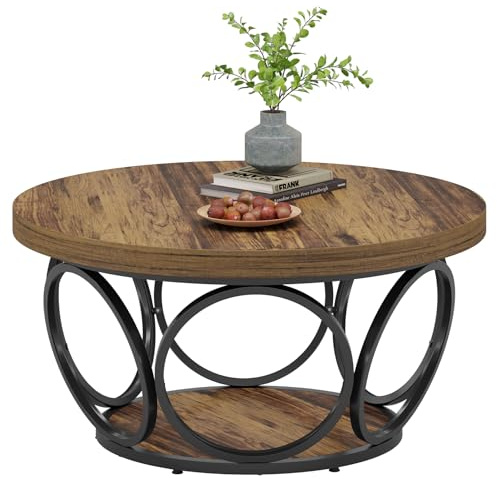 Tribesigns Runder Couchtisch, 80 cm Holztisch mit 2-Ebenen Lagerung, Bauernhaus Große Runde wohnzimmertisch, Moderne Einfache Braune Teetisch (Holzmaserung)