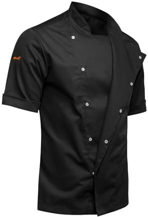 strongAnt Giacca cottone da cuoco da uomo con bottoni a pressione nascosti YKK Giacca da panettiere maniche corte - Slim style, Slimfit - Nero, L