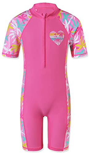 HUAANIUE Girls One Piece Swimming Costume Kids Short Sleeve Rash Guard Swimsuit UPF 50+ UV Sun Protection Quick Dry Teen Beachwear 4-12 Years
