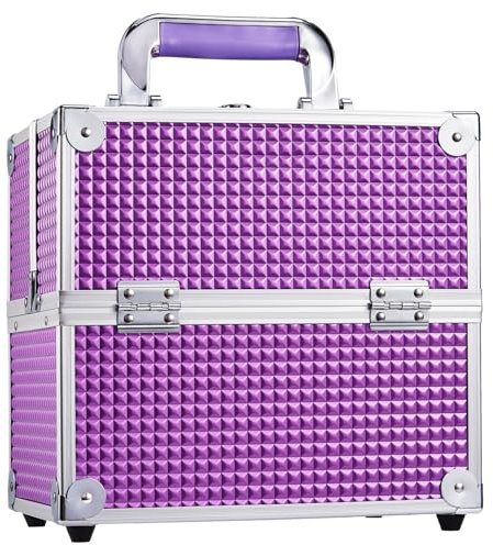 Frenessa Vanity Box Cosmetics Case Makeup Organiser Box Beauty Cosmetic Make Up Storage Case 4 Trays Lockable with Keys, Purple