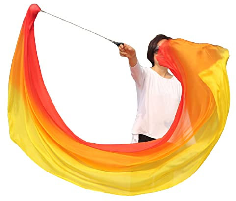 Winged Sirenny 230cm Bauchtanz Seidenschleier Poi Bälle mit Tuch, Echte Seide Jonglierset Schleier VOI, 1 Stück (Feuer)