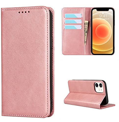Copmob Case Compatible with iPhone 12 Mini,Flip Leather Wallet Case,[3 Card Slots][Magnetic Closure][Stand Holder],Protective Cover Case for iPhone 12 Mini - Rose Gold