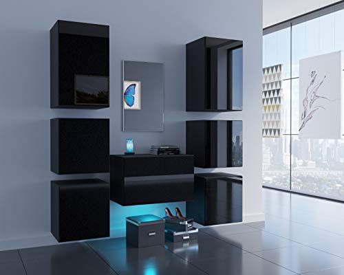 Furnitech F3 Flur Dielenmöbel Garderobenschrank Dielenschrank Schuhschrank Flurmöbel Set Spiegel (LED blau, F3-HG-B1 Schwarz)