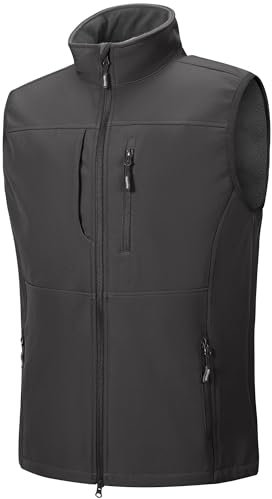 Outdoor Ventures Men's Softshell Gilets Windproof Lightweight Vest Outerwear with 7 Pockets, Warm Fleece-Lined Sleeveless Jacket for for Golf Running Hiking Grey L