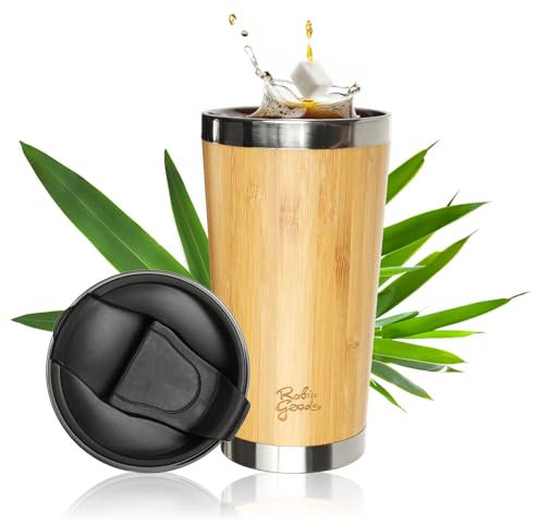 Robin Goods® Gobelet en acier inoxydable et bambou - tasse de 450 ml - tasse de camping avec couvercle - incassable et sans BPA (1 pièce - 450 ml)
