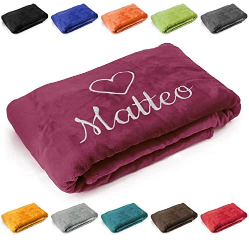 Kuscheldecke 'Herz' mit Name oder Wunschtext Bestickt, Geschenk zu Valentinstag, Geburtstag, Hochzeitstag, 200cm x 150cm extra weiche und gemütliche Sofadecke/Wohndecke, hochwertiges Fleece (Violett)