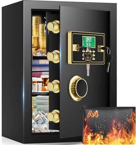 50L Safe Tresor für Zuhause Feuerfest mit Feuerfest Wasserdicht Geldtasche, Digitaler Möbeltresor mit Schlüssel, Zahlenschloss,Innenschrank, Regal, LEDLicht, Heimtresor für Geld Schmuck Dokumente